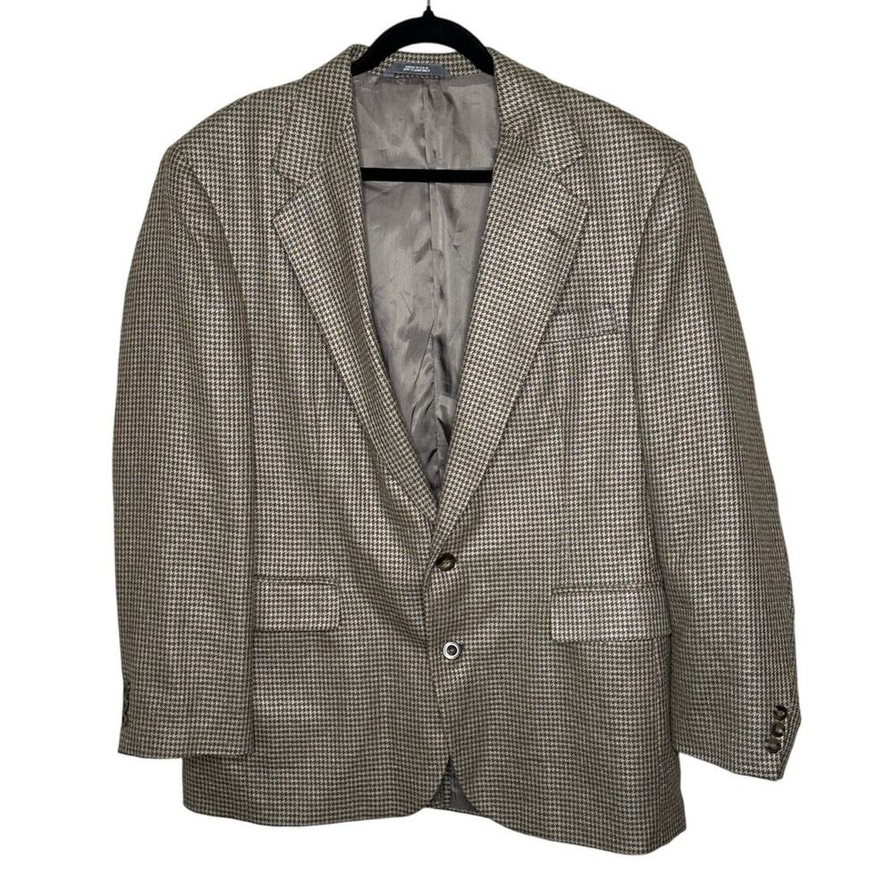 Haggar Mens 42 Brown Cream Houndstooth Wool Blazer Sport Coat Old Money Vintage